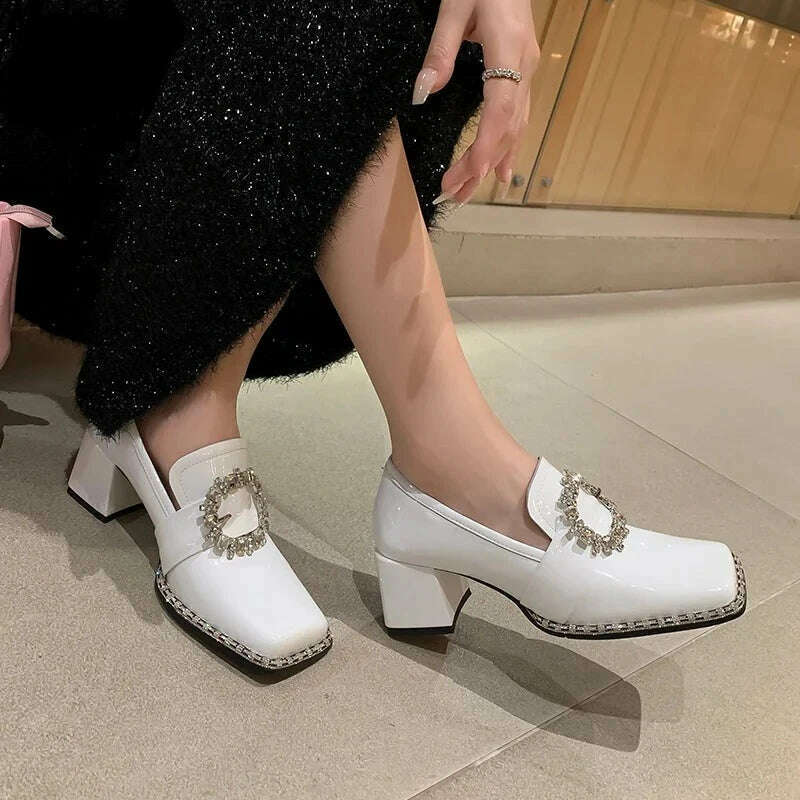 PRXDONG New Arrivals Genuine Leather Spring Summer Women Pumps Square Med Heel Crystal Black White Dress Party Office Lady Shoes - KIMLUD