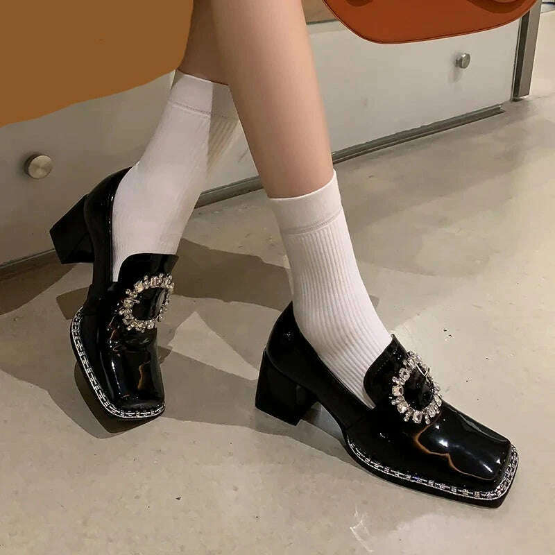 PRXDONG New Arrivals Genuine Leather Spring Summer Women Pumps Square Med Heel Crystal Black White Dress Party Office Lady Shoes - KIMLUD