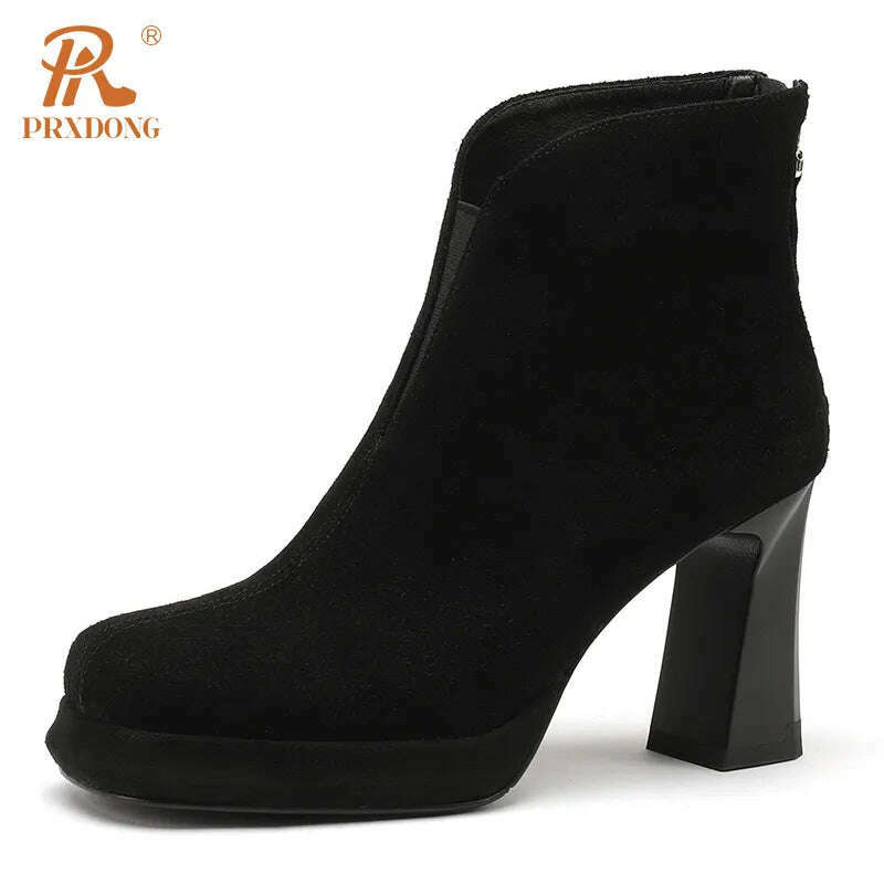 KIMLUD, PRXDONG New Brand Genuine Leather High Heels Platform Shoes Autumn Winter Warm Shoes Black Brown Dress Office Lady Ankle Boots 8, black / 34 / China, KIMLUD APPAREL - Womens Clothes