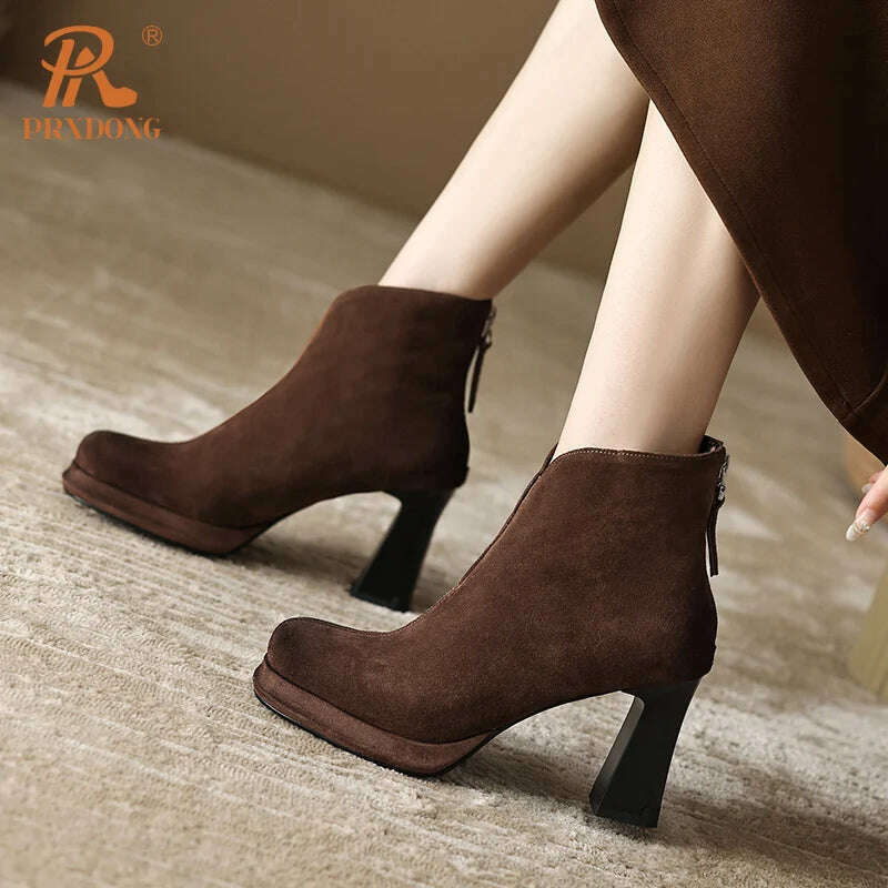 KIMLUD, PRXDONG New Brand Genuine Leather High Heels Platform Shoes Autumn Winter Warm Shoes Black Brown Dress Office Lady Ankle Boots 8, KIMLUD Womens Clothes