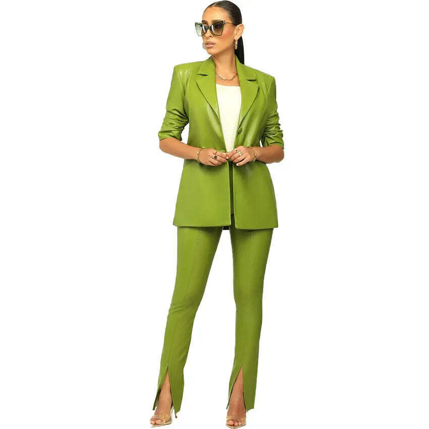 KIMLUD, PU Leather Office Lady Women 2 Piece Set Notch Neck Blazer High Waist Pants Matching Set 2022 Autumn Work Wear Slim Tracksuits, green / S / United States, KIMLUD APPAREL - Womens Clothes