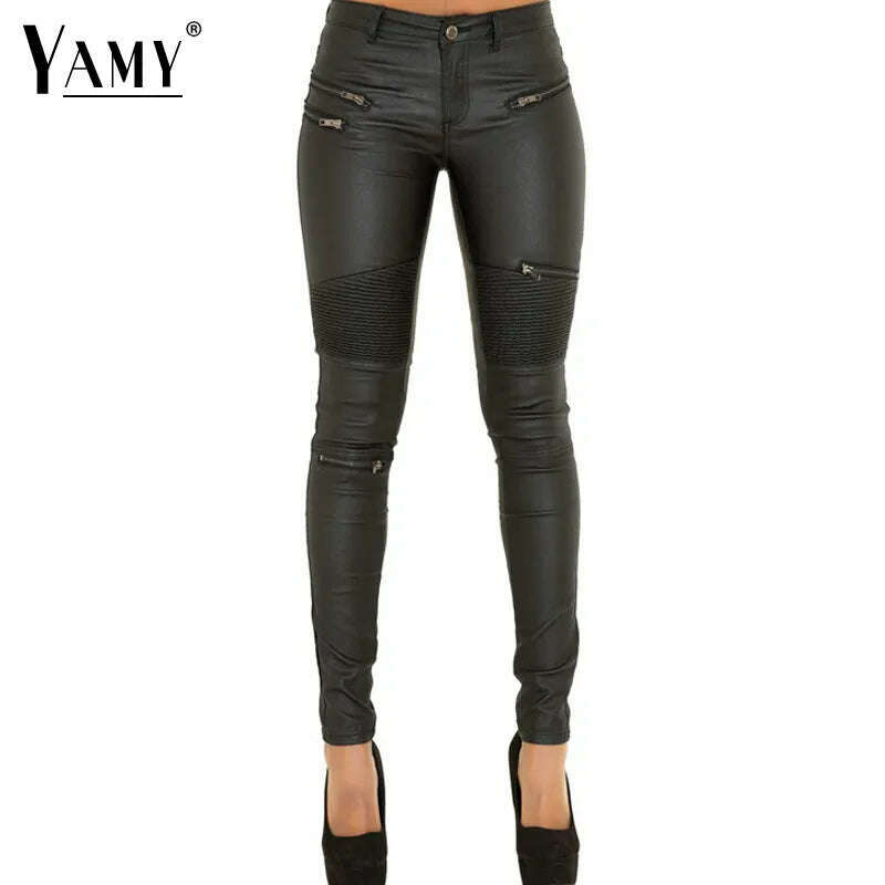 PU Leather Pants Girls Pants Women 2022 Zippers Low Waist Elastic Skinny Pencil Pants Punk Rock Slim black Trousers Streetwear - KIMLUD