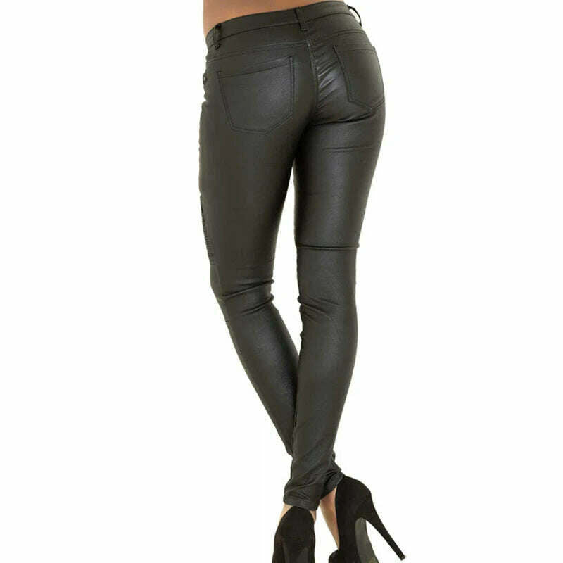 PU Leather Pants Girls Pants Women 2022 Zippers Low Waist Elastic Skinny Pencil Pants Punk Rock Slim black Trousers Streetwear - KIMLUD