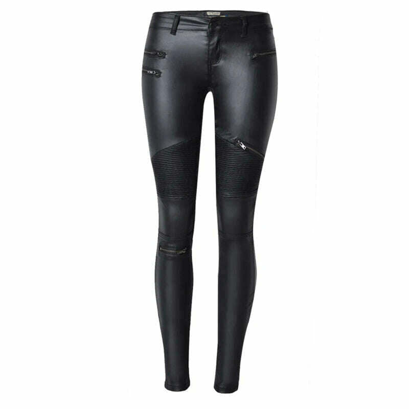 PU Leather Pants Girls Pants Women 2022 Zippers Low Waist Elastic Skinny Pencil Pants Punk Rock Slim black Trousers Streetwear - KIMLUD