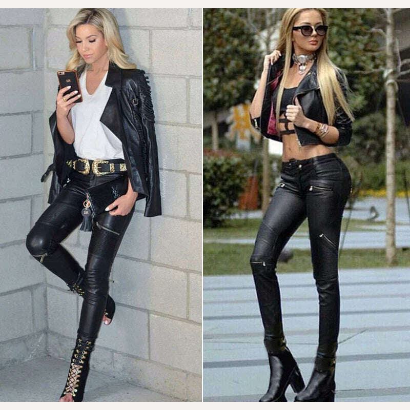 PU Leather Pants Girls Pants Women 2022 Zippers Low Waist Elastic Skinny Pencil Pants Punk Rock Slim black Trousers Streetwear - KIMLUD