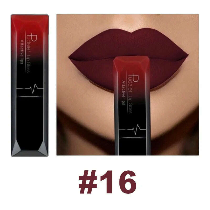 KIMLUD, Pudaier 21 Color Lip Gloss Waterproof Matte Liquid Lipstick Moisturizing Lip Gloss Lip Makeup Beauty Cosmetics, 16, KIMLUD APPAREL - Womens Clothes