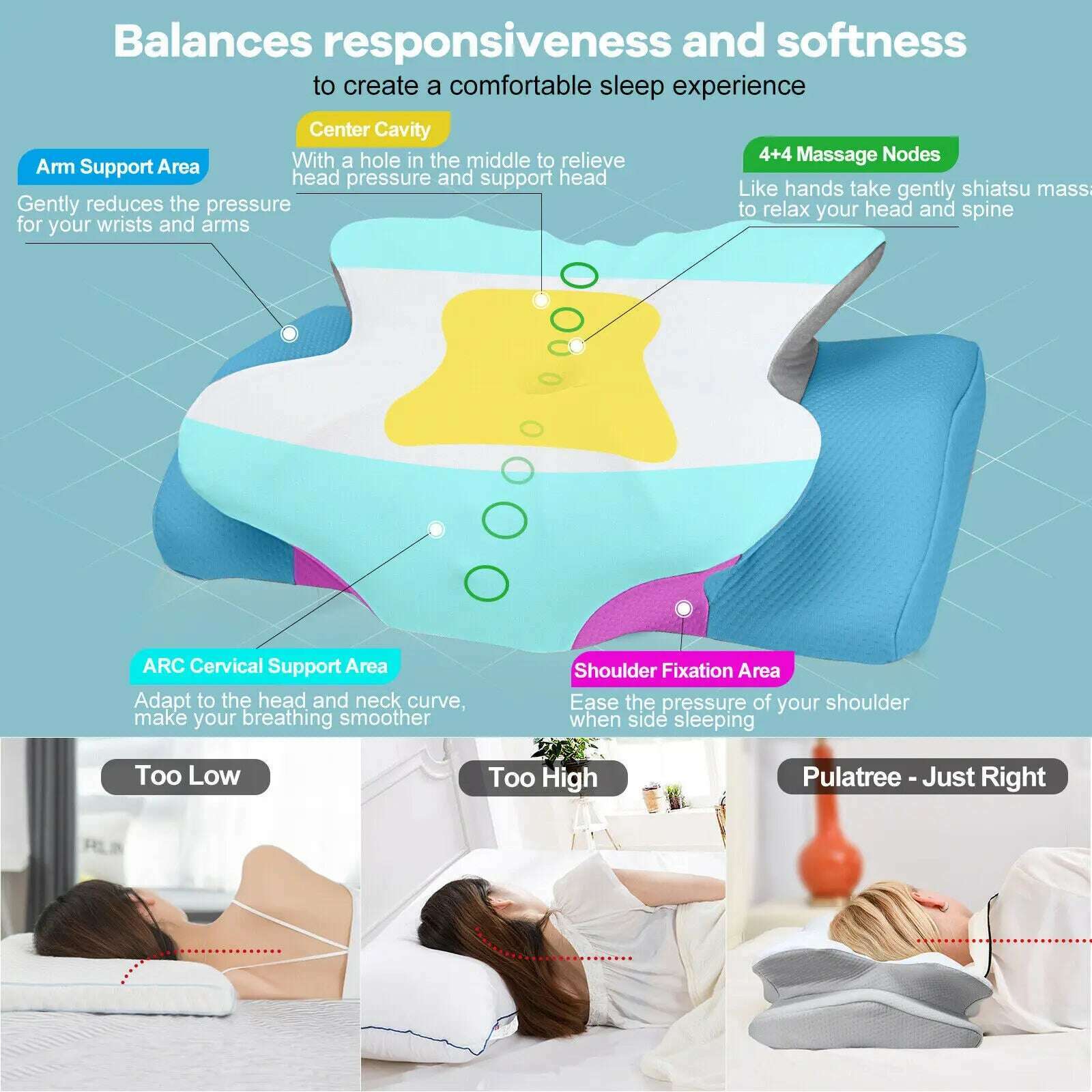 Pulatree Neck Pillow Soft Pillow Odorless Ergonomic Cervical Pillow for Neck Pain Relief Double Sided Easy To Clean Memory Foam - KIMLUD