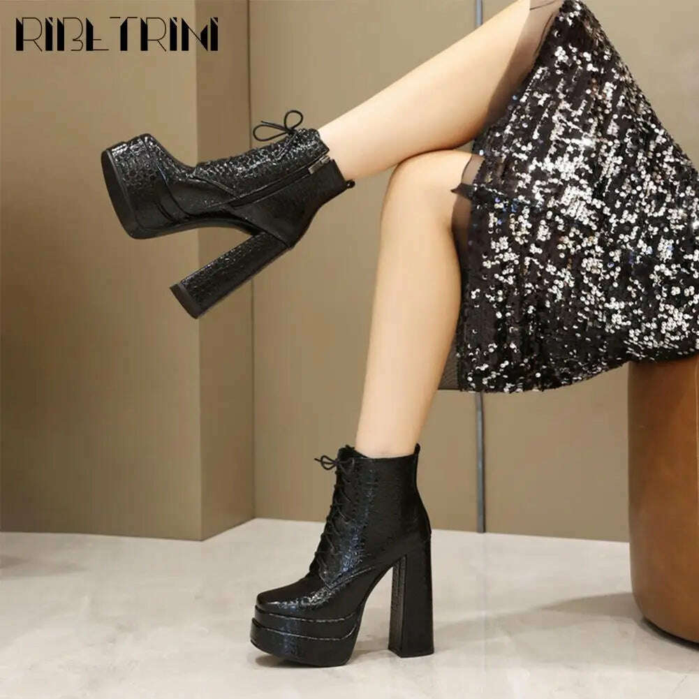 Punk Goth women't Boots Chunky High Heels Lae Up Double Platform Shoes Zipper Luxury Elegant Sexy Fashion Women Ankle Boots - KIMLUD