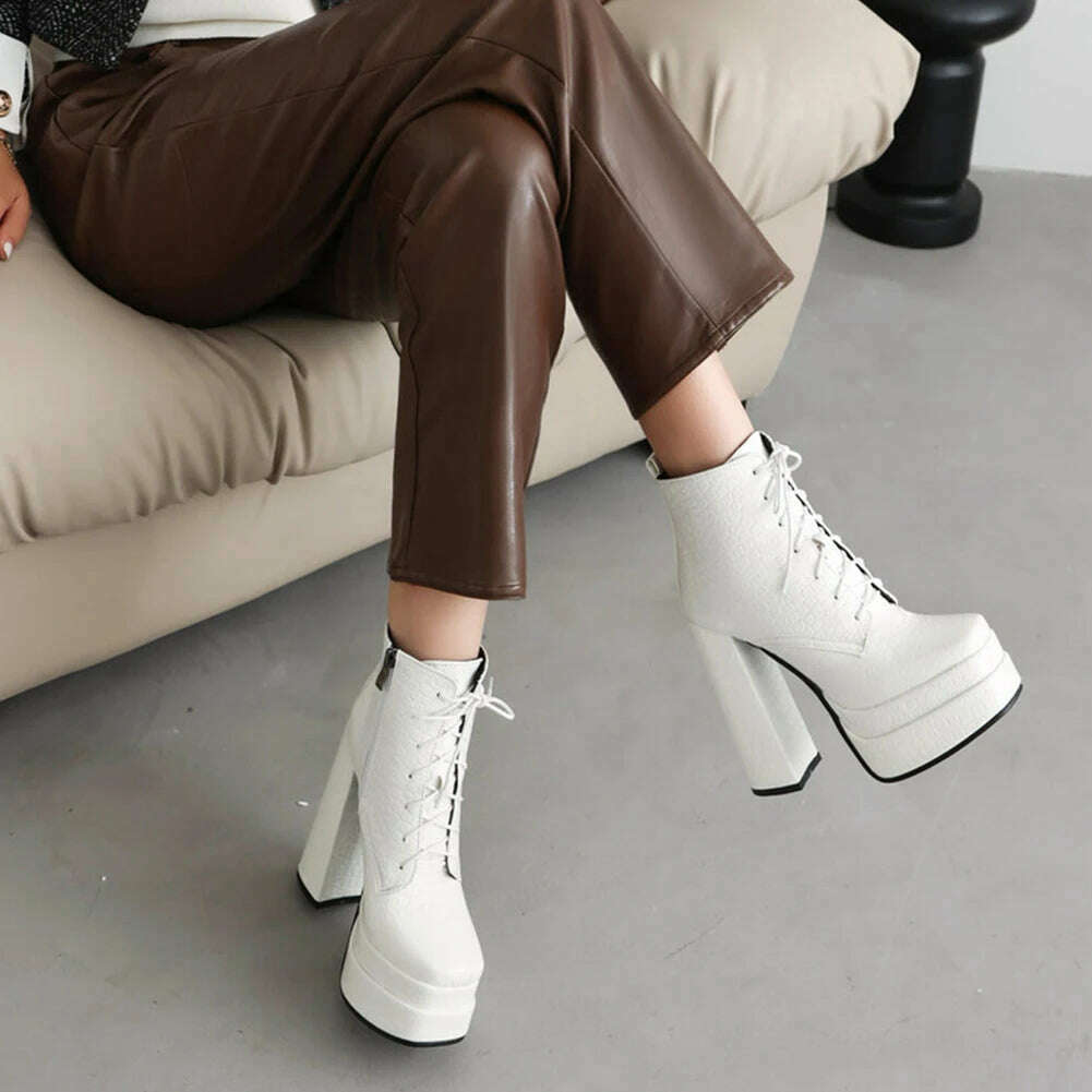 Punk Goth women't Boots Chunky High Heels Lae Up Double Platform Shoes Zipper Luxury Elegant Sexy Fashion Women Ankle Boots - KIMLUD