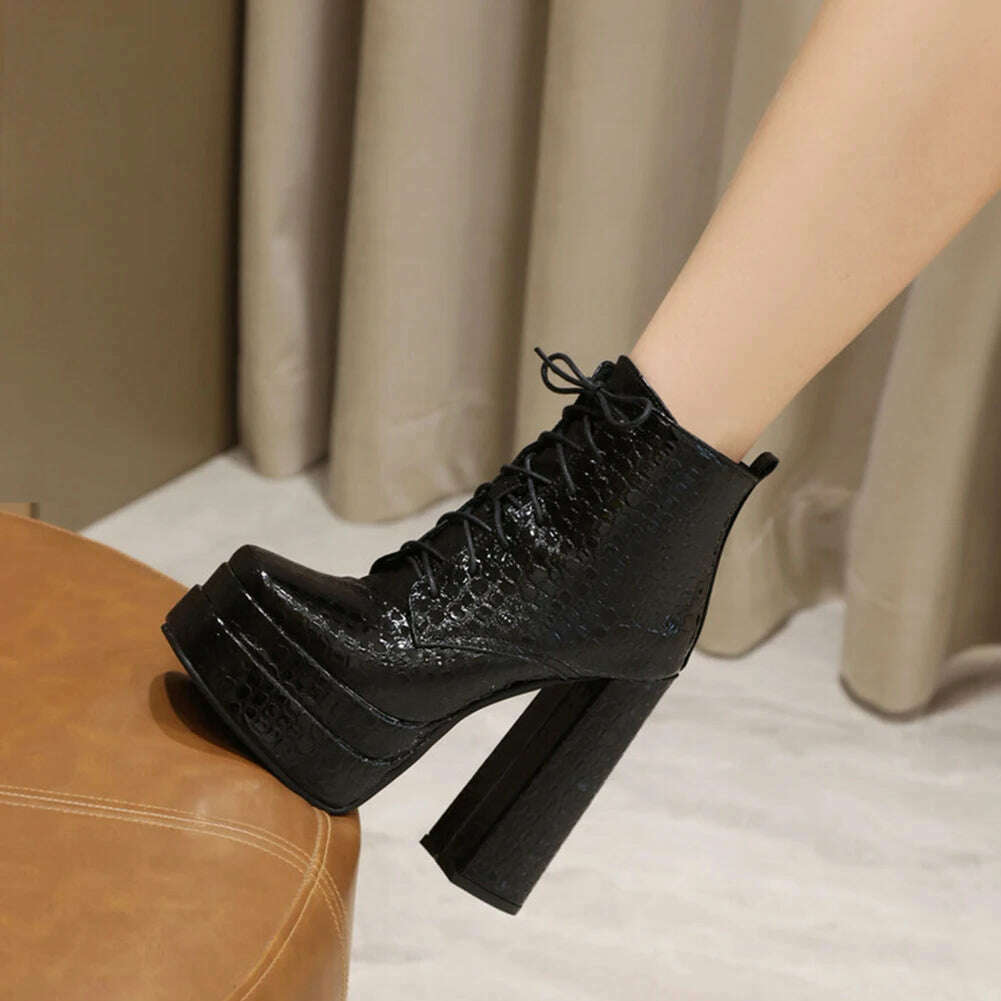 Punk Goth women't Boots Chunky High Heels Lae Up Double Platform Shoes Zipper Luxury Elegant Sexy Fashion Women Ankle Boots - KIMLUD