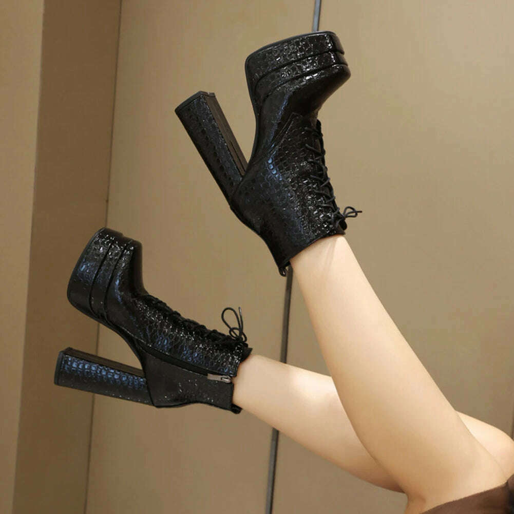 Punk Goth women't Boots Chunky High Heels Lae Up Double Platform Shoes Zipper Luxury Elegant Sexy Fashion Women Ankle Boots - KIMLUD