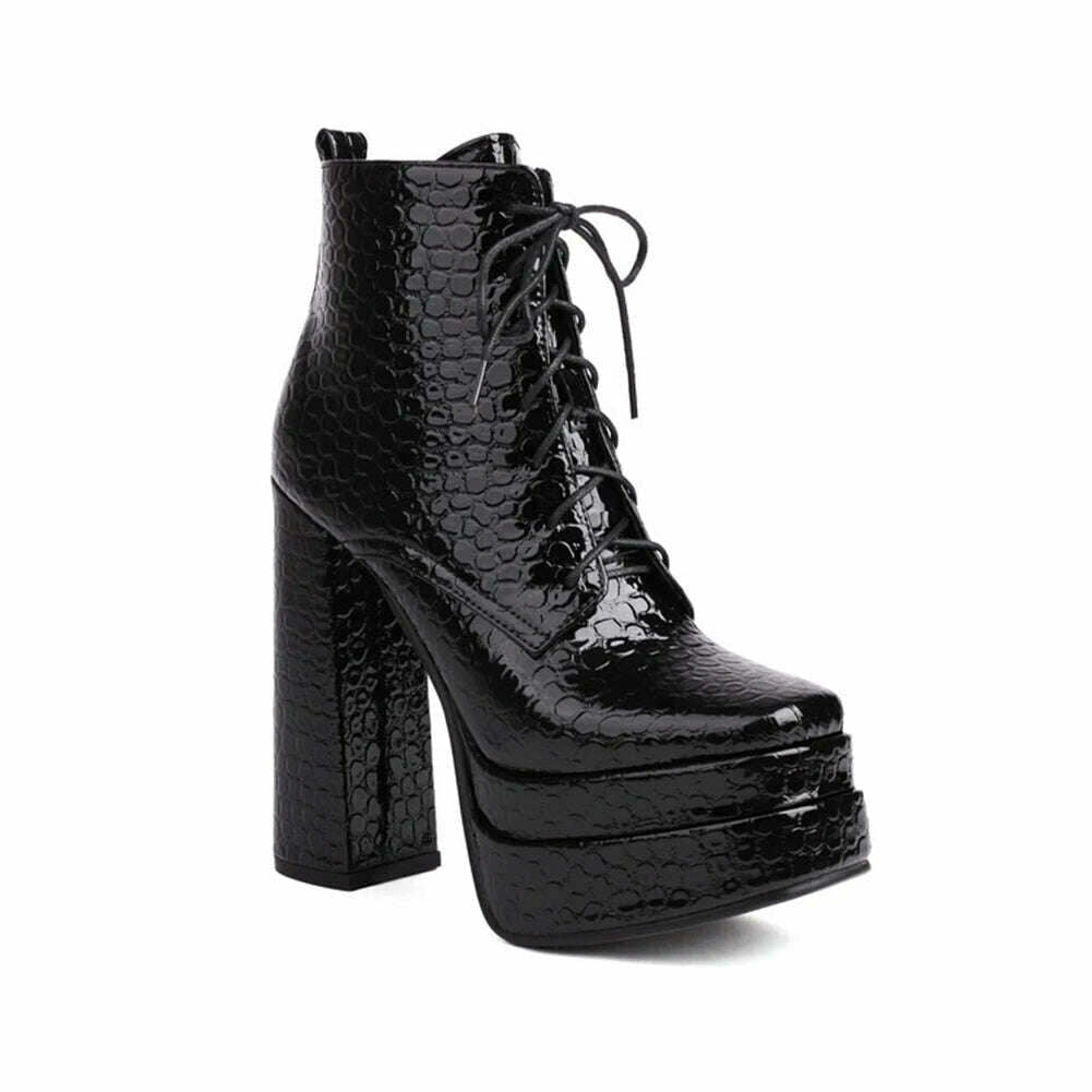 Punk Goth women't Boots Chunky High Heels Lae Up Double Platform Shoes Zipper Luxury Elegant Sexy Fashion Women Ankle Boots - KIMLUD