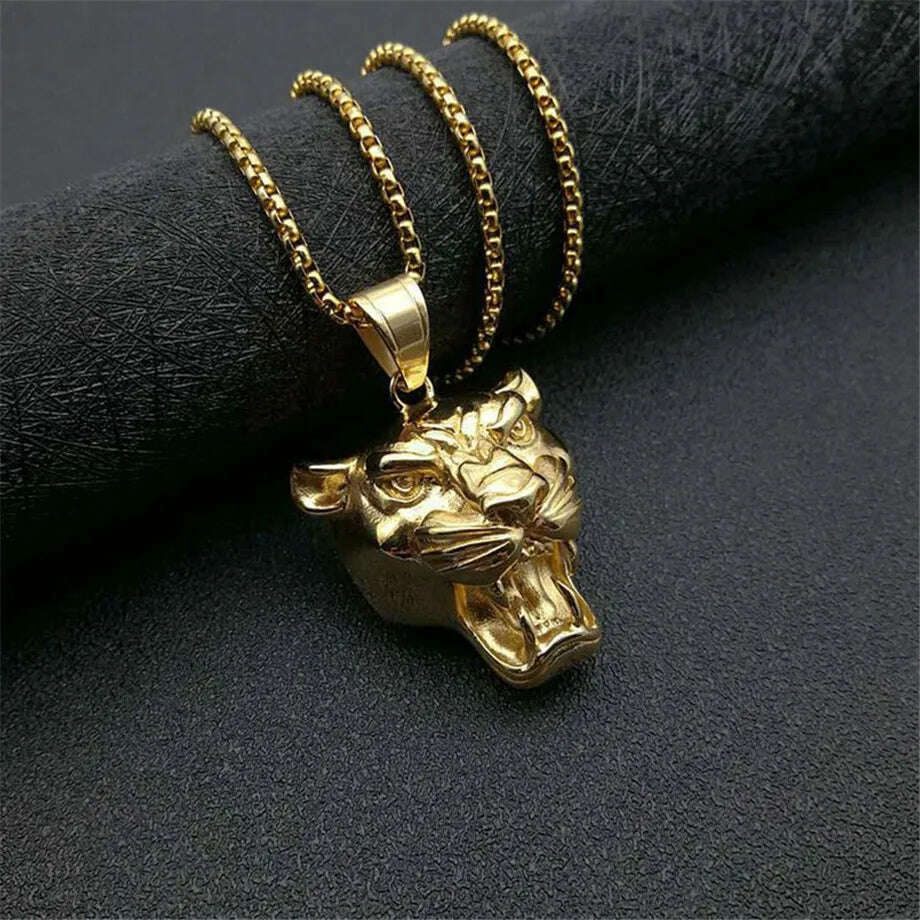 KIMLUD, Punk New Fashion Lion Head Pendant Necklaces Male Gold Color Stainless Steel Animal Statement Necklace For Men Jewelry 2020, KIMLUD Womens Clothes