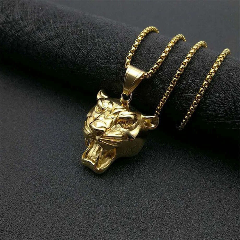 KIMLUD, Punk New Fashion Lion Head Pendant Necklaces Male Gold Color Stainless Steel Animal Statement Necklace For Men Jewelry 2020, KIMLUD Womens Clothes