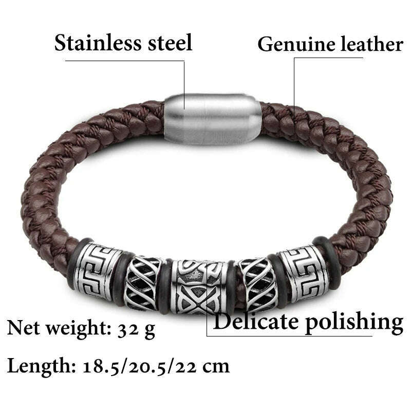 Punk Style Coffee Leather Bracelet 316L Stainless Steel 5 Viking Bead Bracelet Powerful Magnet Clasp 4 Color Friend Gifts - KIMLUD