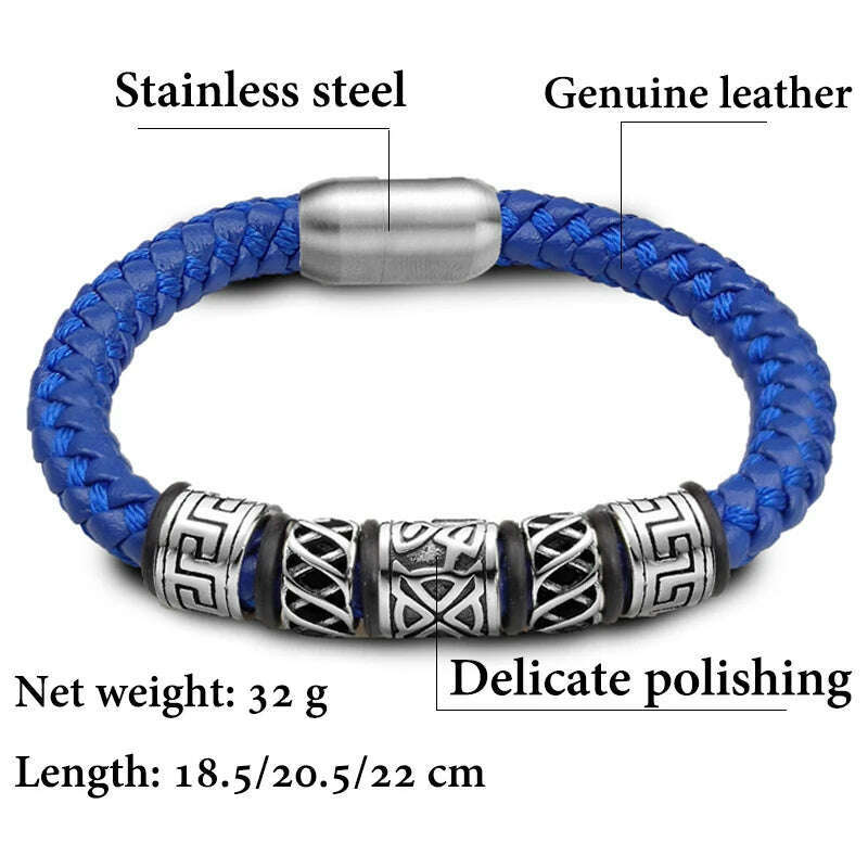 Punk Style Coffee Leather Bracelet 316L Stainless Steel 5 Viking Bead Bracelet Powerful Magnet Clasp 4 Color Friend Gifts - KIMLUD