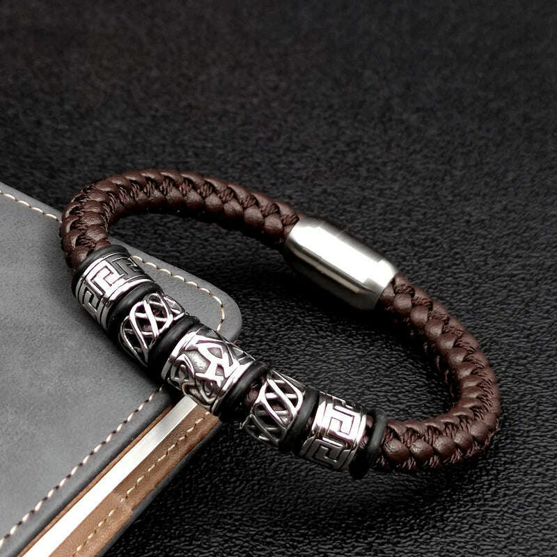 Punk Style Coffee Leather Bracelet 316L Stainless Steel 5 Viking Bead Bracelet Powerful Magnet Clasp 4 Color Friend Gifts - KIMLUD