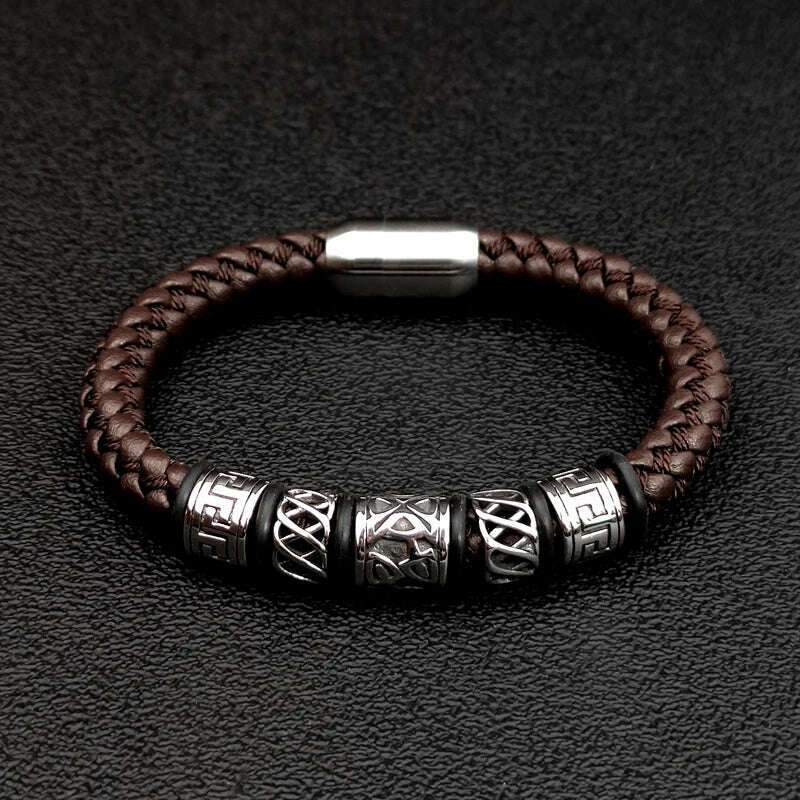 KIMLUD, Punk Style Coffee Leather Bracelet 316L Stainless Steel 5 Viking Bead Bracelet Powerful Magnet Clasp 4 Color Friend Gifts, KIMLUD Womens Clothes