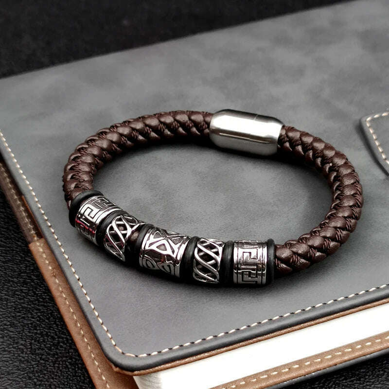 KIMLUD, Punk Style Coffee Leather Bracelet 316L Stainless Steel 5 Viking Bead Bracelet Powerful Magnet Clasp 4 Color Friend Gifts, KIMLUD Womens Clothes