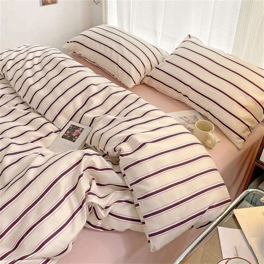 KIMLUD, Pure Cotton Home Textile Blue Striped Bedding Set Simple Soft Duvet Cover Sheet Pillowcase Ins Style Bed Linens Queen King Size, KIMLUD Womens Clothes