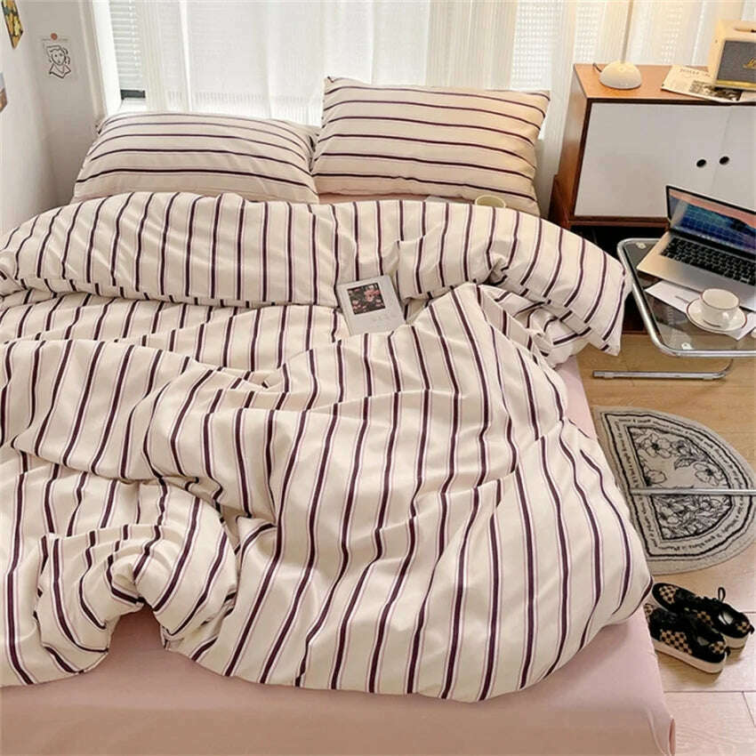 KIMLUD, Pure Cotton Home Textile Blue Striped Bedding Set Simple Soft Duvet Cover Sheet Pillowcase Ins Style Bed Linens Queen King Size, KIMLUD Womens Clothes