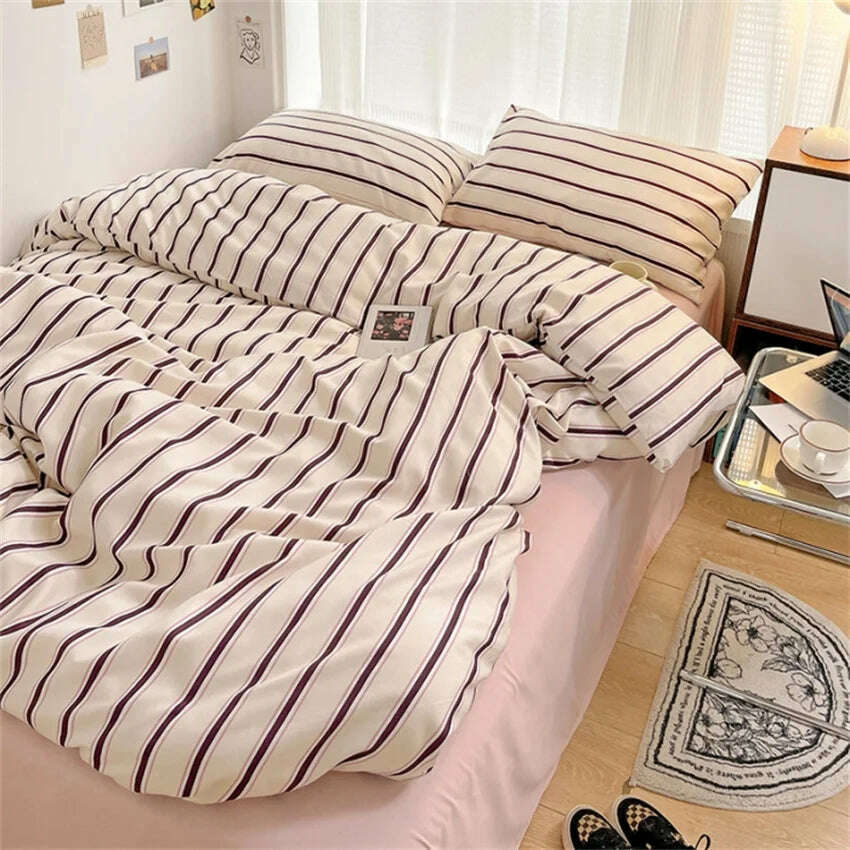 KIMLUD, Pure Cotton Home Textile Blue Striped Bedding Set Simple Soft Duvet Cover Sheet Pillowcase Ins Style Bed Linens Queen King Size, KIMLUD Womens Clothes