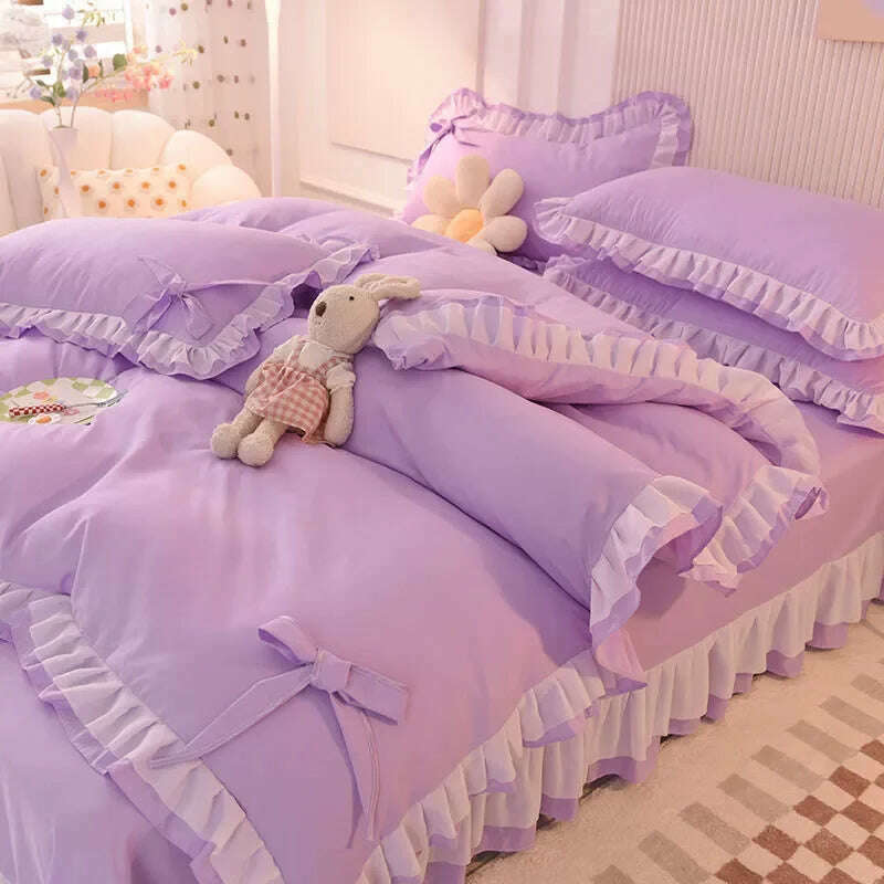 Purple Bedding Sets Kawaii Seersucker Bed Sheet Pillowcase Fashion Girl Princess Duvet Cover 4 Pieces Cute Home Decoration - KIMLUD