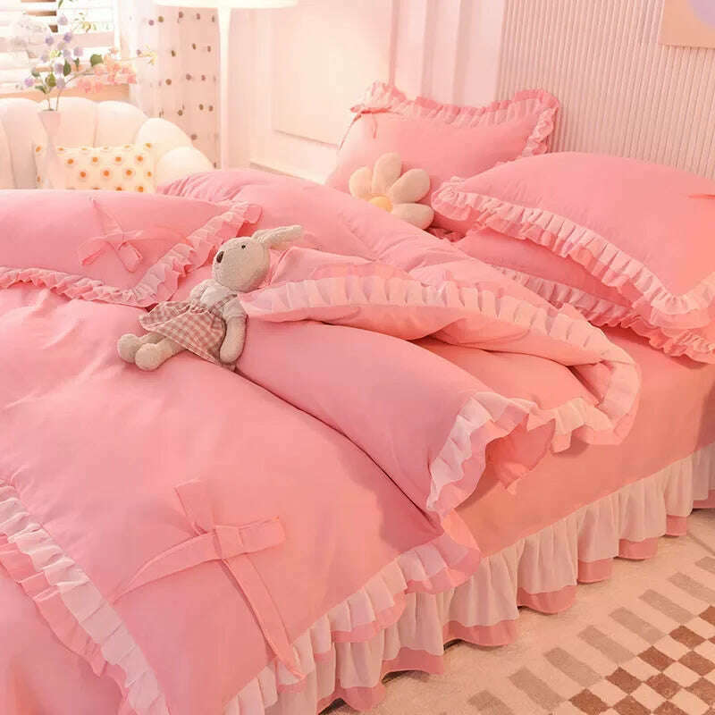 Purple Bedding Sets Kawaii Seersucker Bed Sheet Pillowcase Fashion Girl Princess Duvet Cover 4 Pieces Cute Home Decoration - KIMLUD