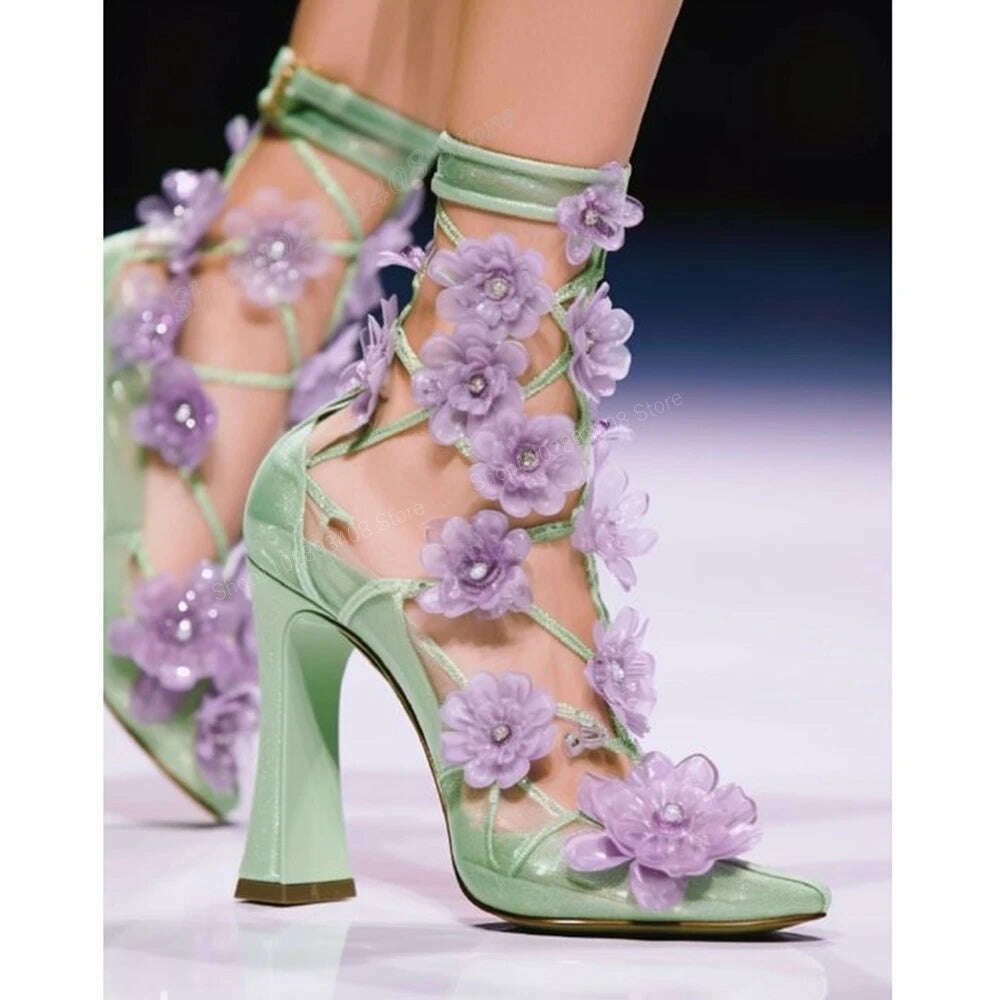 Purple Flowers Design Hollow Pumps Runway Chunky High Heel Silk Pointed Toe Fashion Sweet Women Shoes 2024 Zapatos Para Mujere - KIMLUD