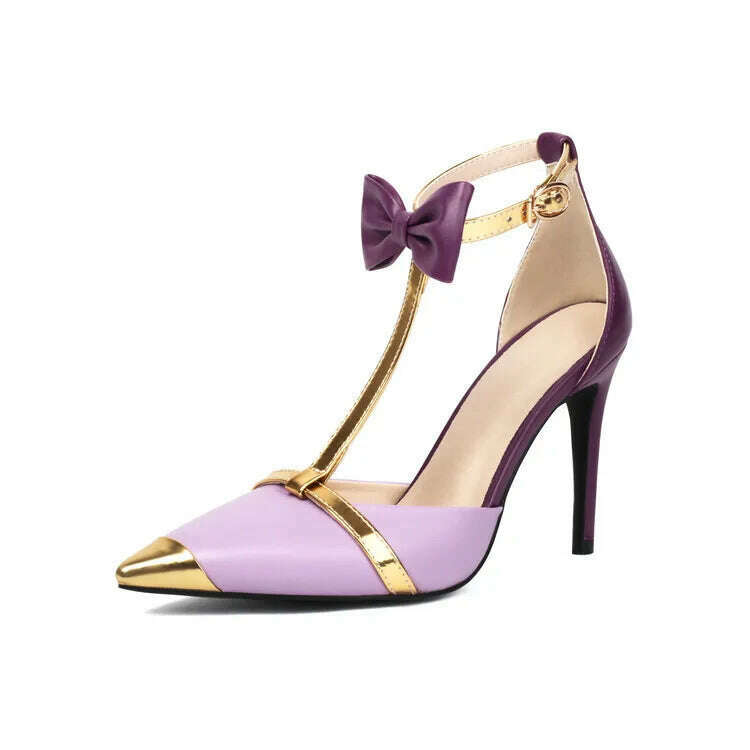 KIMLUD, Purple Metal Patchwork Sandals Bow Sexy Pointed 10cm Slim Heel Banquet Sandals Fashion White Birthday Party Women's Shoes 34-48, purple / 34, KIMLUD APPAREL - Womens Clothes