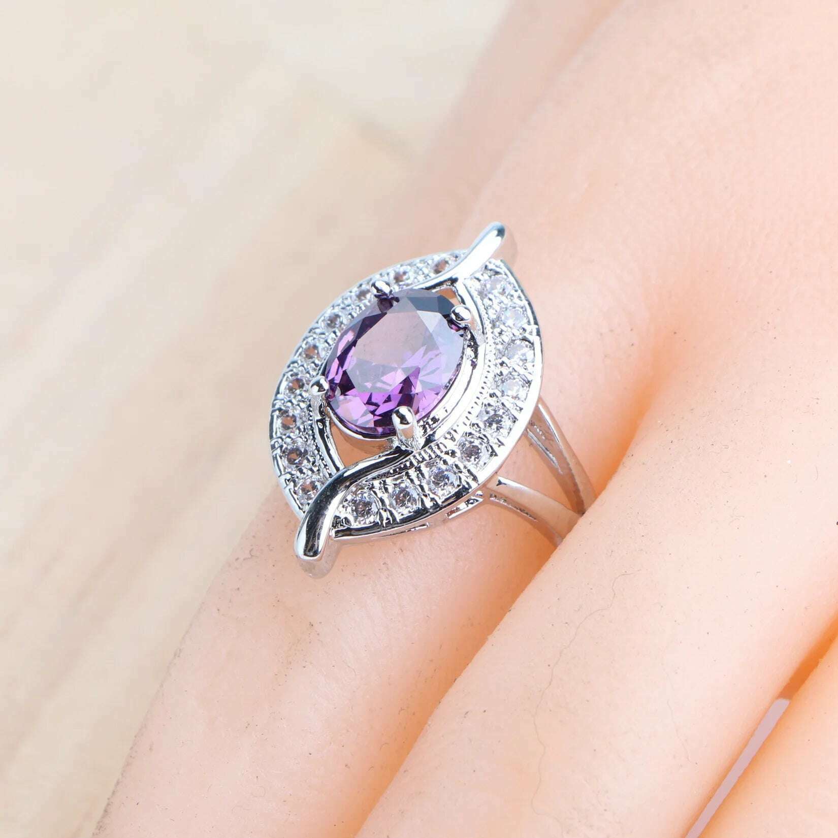 Purple Zircon Silver 925 Jewelry Sets Bridal Earrings Charms Bracelets For Women Ring Pendant Necklace Set Wedding Jewelry - KIMLUD