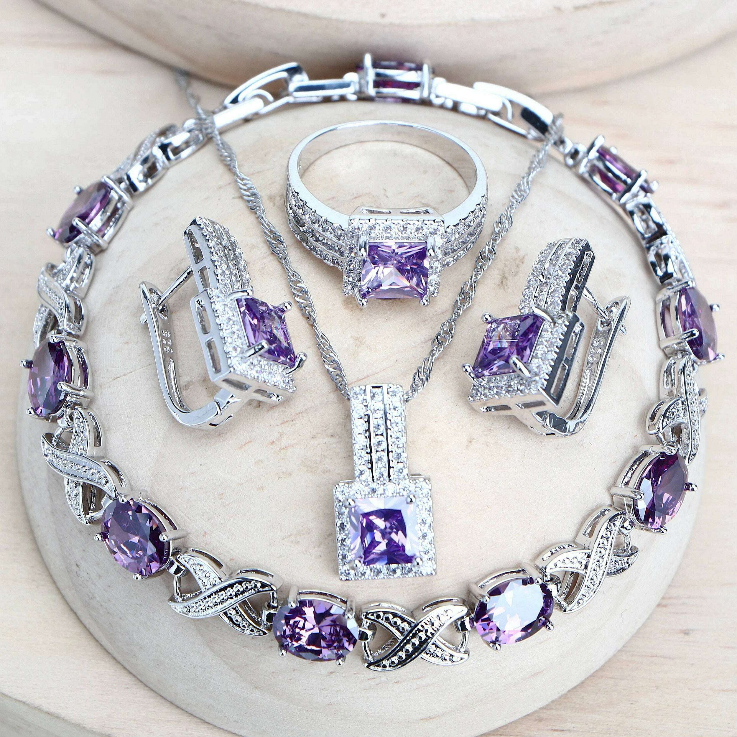 Purple Zirconia Women Bridal Jewelry Sets Silver 925 Fine Costume Jewellery Wedding Earrings Rings Bracelets Pendant Necklace - KIMLUD