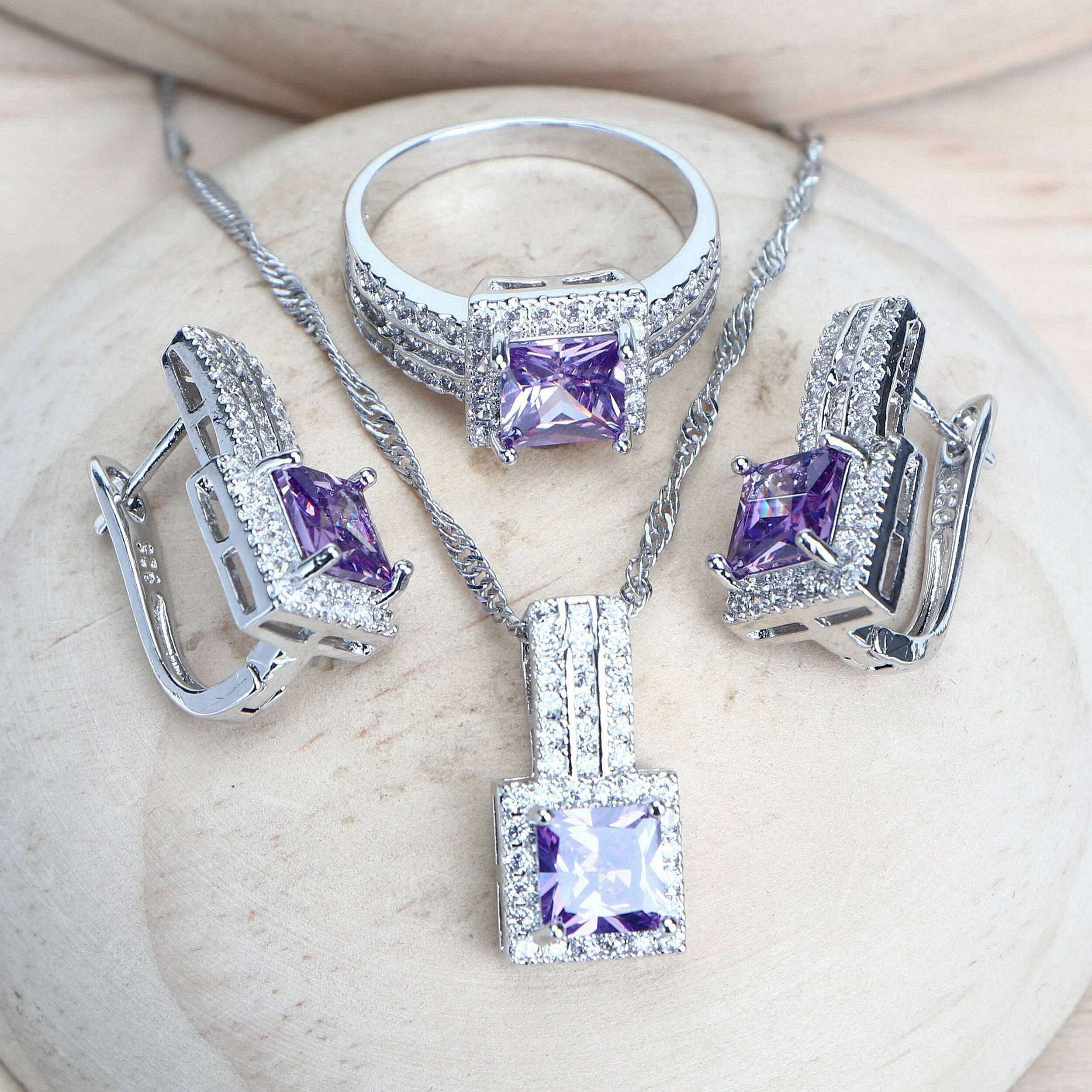 KIMLUD, Purple Zirconia Women Bridal Jewelry Sets Silver 925 Fine Costume Jewellery Wedding Earrings Rings Bracelets Pendant Necklace, KIMLUD Womens Clothes