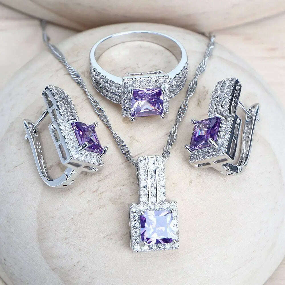 KIMLUD, Purple Zirconia Women Bridal Jewelry Sets Silver 925 Fine Costume Jewellery Wedding Earrings Rings Bracelets Pendant Necklace, 3PCS-Purple / 7, KIMLUD APPAREL - Womens Clothes