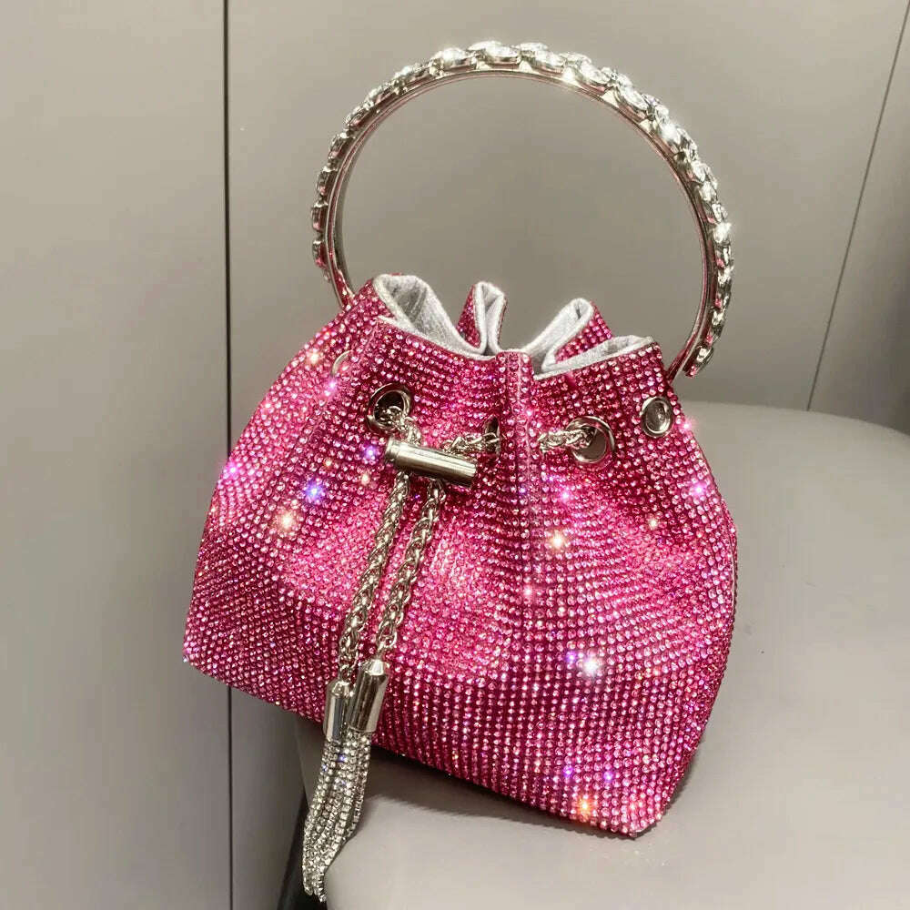 KIMLUD, purses and handbags bags for women luxury Designer bucket clutch purse evening banquet bag Crystal rhinestone shoulder bags, Rose red medium, KIMLUD APPAREL - Womens Clothes