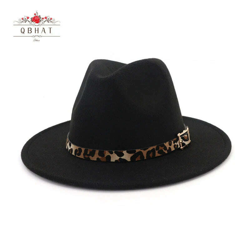 QBHAT Leopard Grain Leather Decor Handmade Wide Brim Wool Felt Fedora Hats Caps Men Women Jazz Panama Cap Trilby Sombrero - KIMLUD