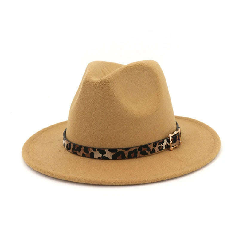 KIMLUD, QBHAT Leopard Grain Leather Decor Handmade Wide Brim Wool Felt Fedora Hats Caps Men Women Jazz Panama Cap Trilby Sombrero, camel / 55to58cm, KIMLUD APPAREL - Womens Clothes