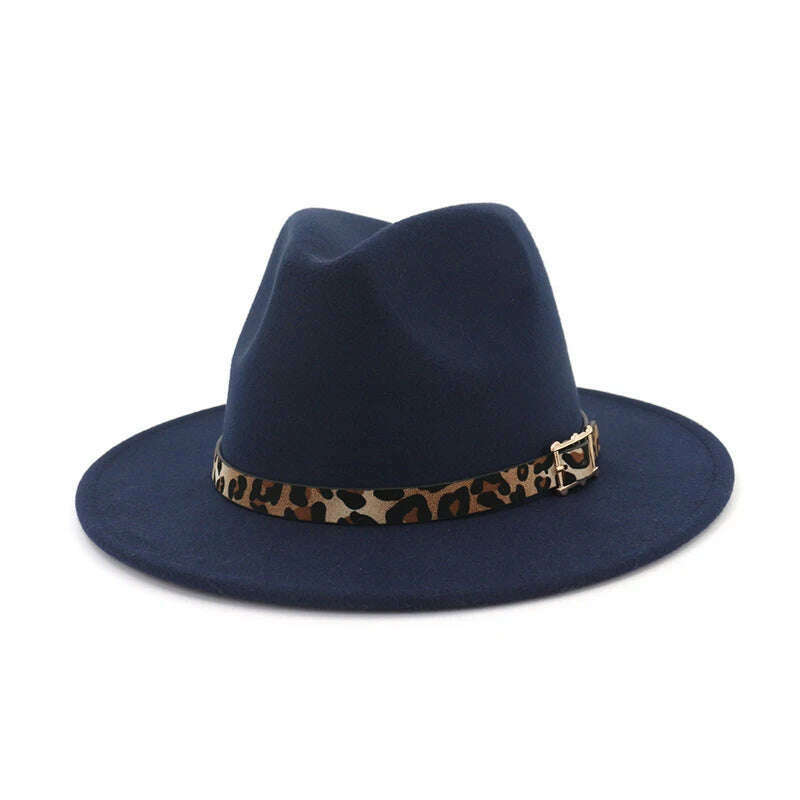 QBHAT Leopard Grain Leather Decor Handmade Wide Brim Wool Felt Fedora Hats Caps Men Women Jazz Panama Cap Trilby Sombrero - KIMLUD