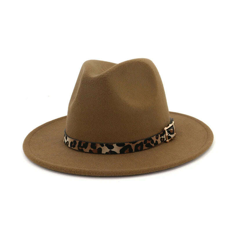 QBHAT Leopard Grain Leather Decor Handmade Wide Brim Wool Felt Fedora Hats Caps Men Women Jazz Panama Cap Trilby Sombrero - KIMLUD