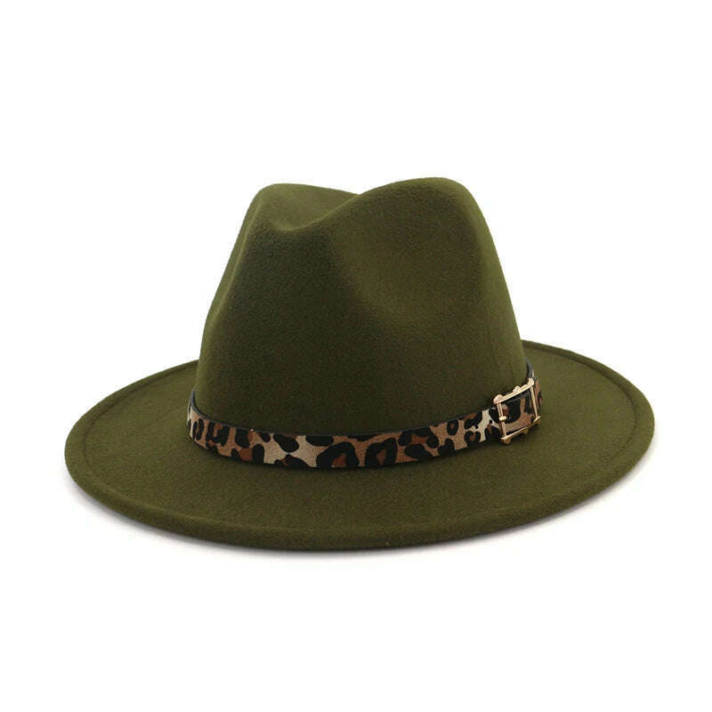 KIMLUD, QBHAT Leopard Grain Leather Decor Handmade Wide Brim Wool Felt Fedora Hats Caps Men Women Jazz Panama Cap Trilby Sombrero, army green / 55to58cm, KIMLUD APPAREL - Womens Clothes