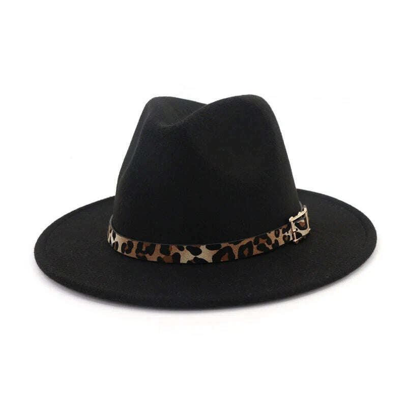 QBHAT Leopard Grain Leather Decor Handmade Wide Brim Wool Felt Fedora Hats Caps Men Women Jazz Panama Cap Trilby Sombrero - KIMLUD