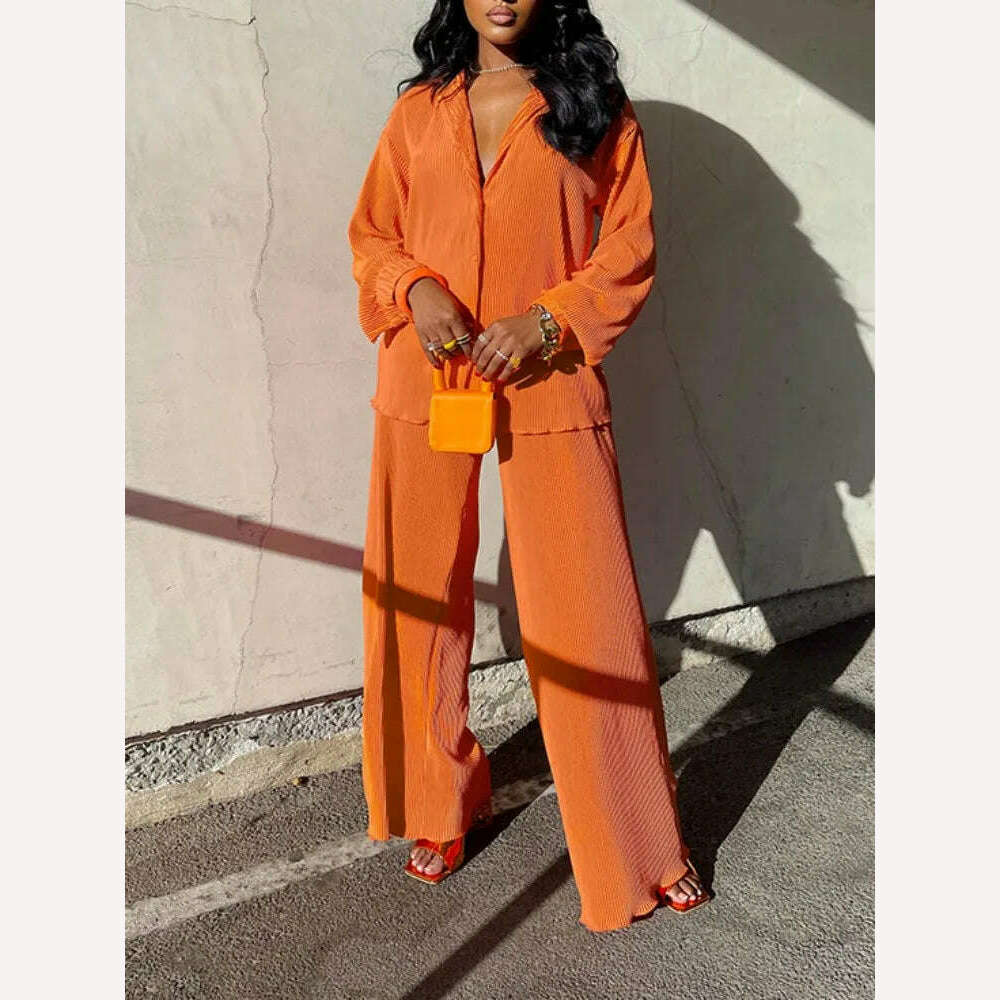 KIMLUD, QFAF Fashion Pleated Women&#39;s Set Long Sleeve Oversized Shirt and Wide Leg Pants 2023 Elegant Tracksuit Two 2 Piece Set Outfits, Orange / S, KIMLUD APPAREL - Womens Clothes