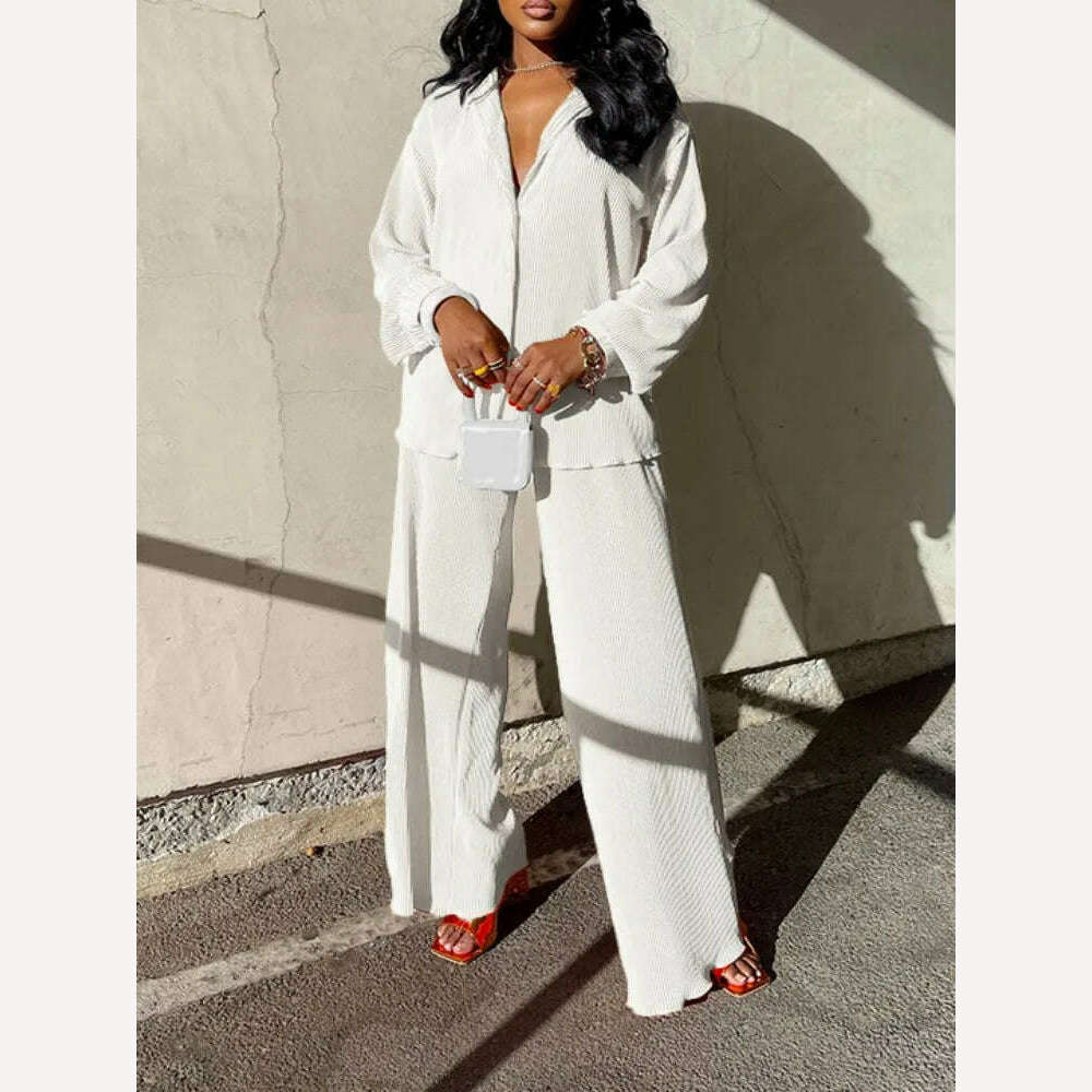 KIMLUD, QFAF Fashion Pleated Women&#39;s Set Long Sleeve Oversized Shirt and Wide Leg Pants 2023 Elegant Tracksuit Two 2 Piece Set Outfits, White / L, KIMLUD APPAREL - Womens Clothes