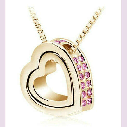 KIMLUD, quality float double Heart Pendant sweater chain Necklace crystal shine rhinestone charm birthday gift girls wed fashion jewelry, gold pink, KIMLUD APPAREL - Womens Clothes