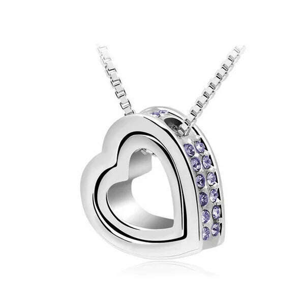 KIMLUD, quality float double Heart Pendant sweater chain Necklace crystal shine rhinestone charm birthday gift girls wed fashion jewelry, purple, KIMLUD APPAREL - Womens Clothes