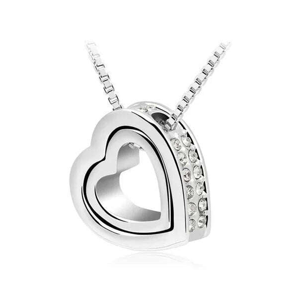 KIMLUD, quality float double Heart Pendant sweater chain Necklace crystal shine rhinestone charm birthday gift girls wed fashion jewelry, white, KIMLUD APPAREL - Womens Clothes