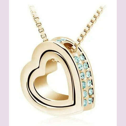 KIMLUD, quality float double Heart Pendant sweater chain Necklace crystal shine rhinestone charm birthday gift girls wed fashion jewelry, gold oceanblue, KIMLUD APPAREL - Womens Clothes