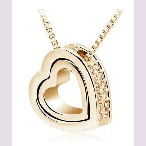 KIMLUD, quality float double Heart Pendant sweater chain Necklace crystal shine rhinestone charm birthday gift girls wed fashion jewelry, gold peachcolor, KIMLUD APPAREL - Womens Clothes