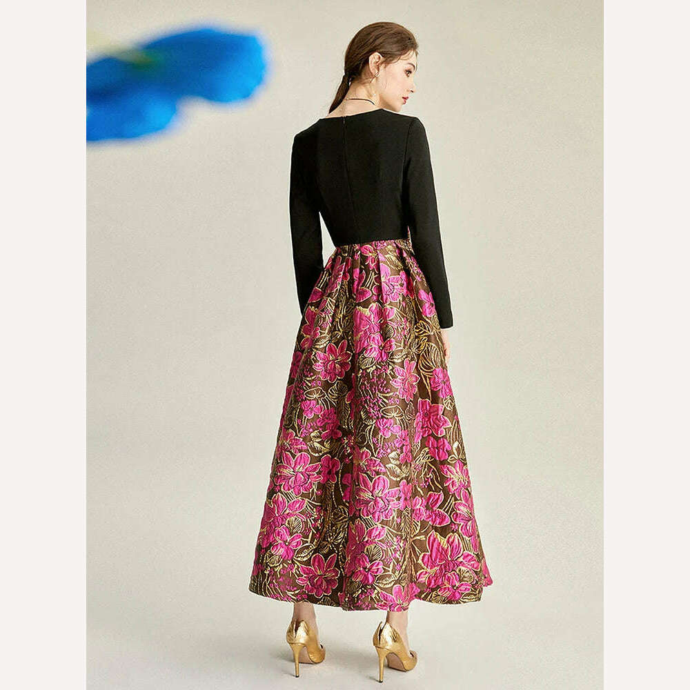 KIMLUD, Quality Vintage Women Jacquard Dress New Elegant Clothing Evening Dresses Long Sleeve Spliced Spring Autumn Floral Ball Gown, KIMLUD Womens Clothes