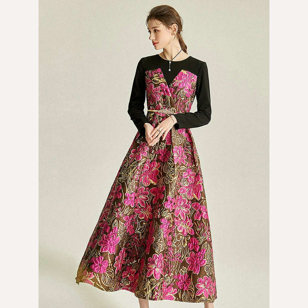 KIMLUD, Quality Vintage Women Jacquard Dress New Elegant Clothing Evening Dresses Long Sleeve Spliced Spring Autumn Floral Ball Gown, KIMLUD Womens Clothes